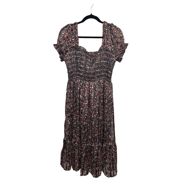 NWT Dex Tinsley Smocked BOHO Black Pink Gold Midi Dress Sheer Puff Sleeves, sz X - Picture 4 of 11